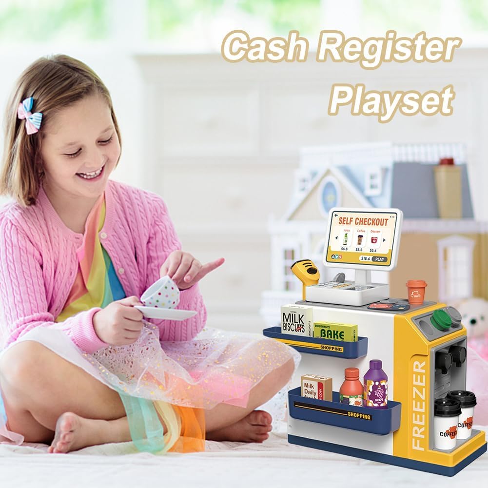 Cash Register Playset for Kids with Sound Light, Mini Supermarket Cash