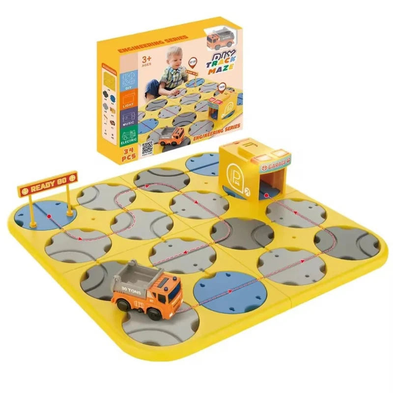 CONSTRUCTION VEHICLE DIY TRACK MAZE RACE CAR TRACK BUILDING BLOCK EDUCATIONAL TOY SET TILES DIY PLAY SET 2 LIGHT UP CAR STEM LEARNING CONSTRUCTION