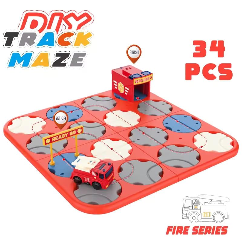 FIRE VEHICLE DIY TRACK MAZE RACE CAR TRACK BUILDING BLOCK EDUCATIONAL TOY SET TILES DIY PLAY SET 2 LIGHT UP CAR STEM LEARNING CONSTRUCTION