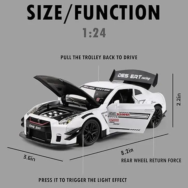 BIG SIZE NISSAN GTR SUPER SPORT 1:24 DIECAST METAL PULLBACK TOY CAR WITH OPENABLE DOORS & LIGHT, MUSIC BOYS CAR FOR KIDS BEST TOYS GIFTS TOYS FOR KIDS [SIZE:-21CM*8.5CM*5.5CM]【 MULTICOLOR 】