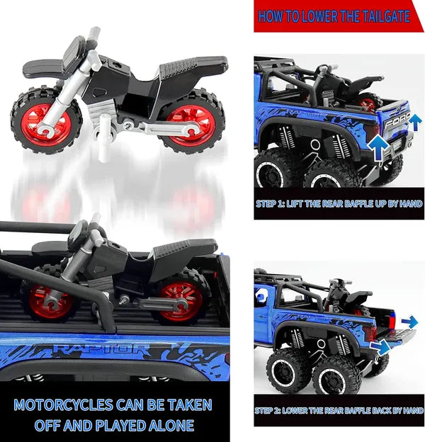 BIg Size 1:24 Scale Die-Cast Beast Raptor with Bike with Openable Doors,Music,Lights & Pull Back Action [Size:-22CM *9CM*9.5CM]