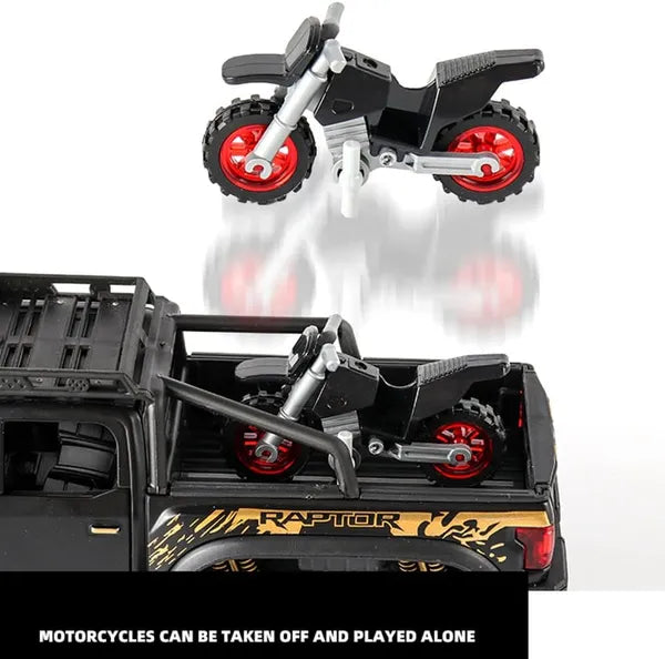 BIg Size 1:24 Scale Die-Cast Beast Raptor with Bike with Openable Doors,Music,Lights & Pull Back Action [Size:-22CM *9CM*9.5CM]