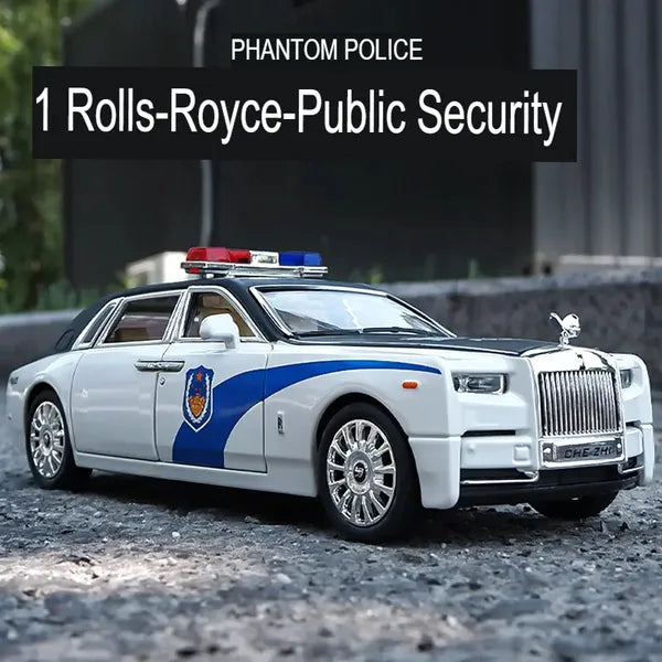 Big Size Rolls-Royce Phantom Police 1/24 Scale Wheels Diecast Metal Model Pull Back Alloy Toys With Light And Sound Collection (White, Black)[Size: 21Cm * 7.5Cm * 6.5Cm]