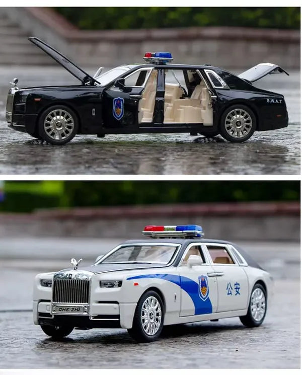 Big Size Rolls-Royce Phantom Police 1/24 Scale Wheels Diecast Metal Model Pull Back Alloy Toys With Light And Sound Collection (White, Black)[Size: 21Cm * 7.5Cm * 6.5Cm]