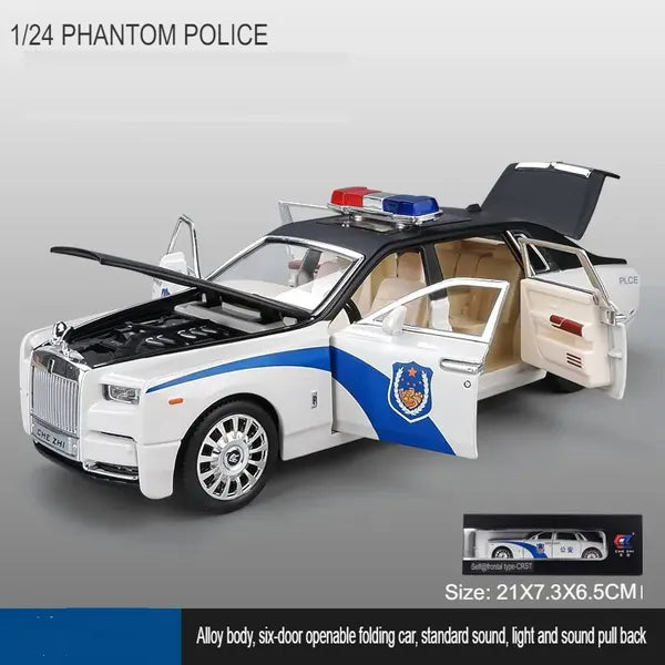 Big Size Rolls-Royce Phantom Police 1/24 Scale Wheels Diecast Metal Model Pull Back Alloy Toys With Light And Sound Collection (White, Black)[Size: 21Cm * 7.5Cm * 6.5Cm]