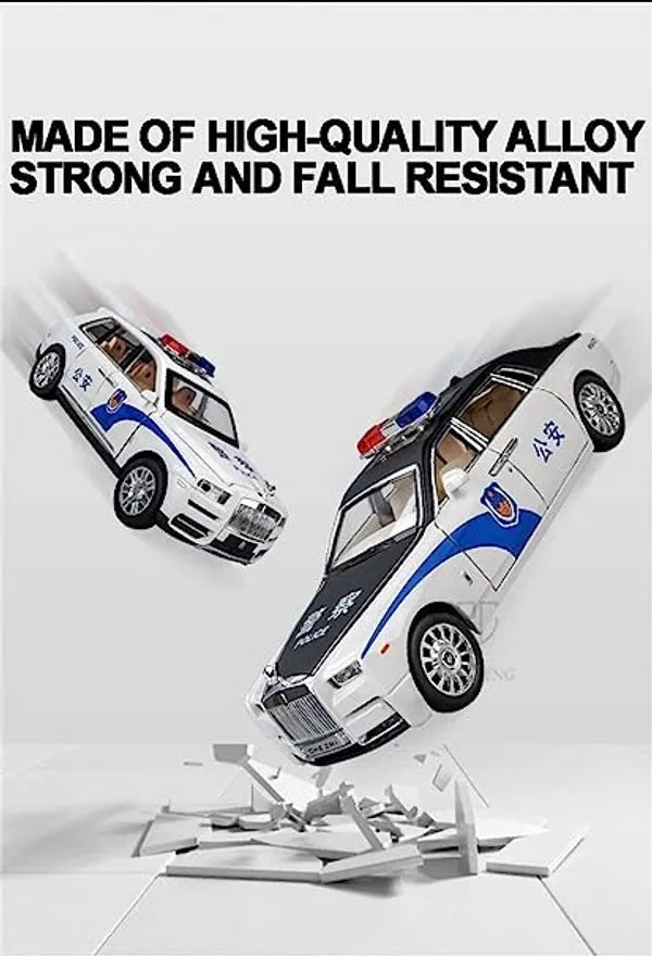 Big Size Rolls-Royce Phantom Police 1/24 Scale Wheels Diecast Metal Model Pull Back Alloy Toys With Light And Sound Collection (White, Black)[Size: 21Cm * 7.5Cm * 6.5Cm]