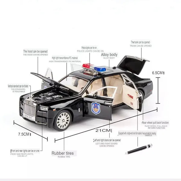 Big Size Rolls-Royce Phantom Police 1/24 Scale Wheels Diecast Metal Model Pull Back Alloy Toys With Light And Sound Collection (White, Black)[Size: 21Cm * 7.5Cm * 6.5Cm]