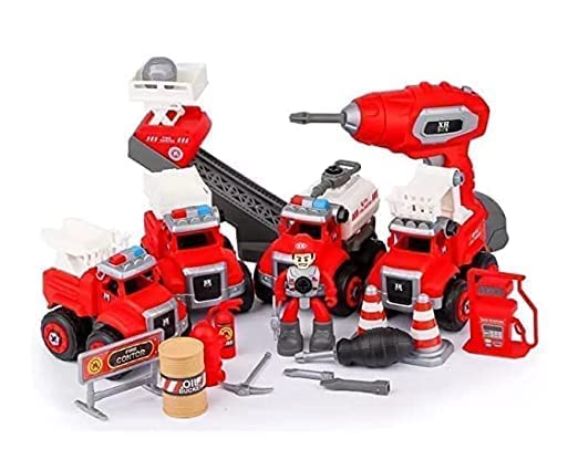 FIRE TRUCKS TOY PLAYSET 4 DIY TAKE APART TOYS CREATION DIY ASSEMBLY TOY DISASSEMBLING FIRE RESCUE TRUCKS SET UNBREAKABLE SCREWDRIVER AND DRILL MACHINE, EDUCATIONAL GIFT FOR KIDS 3-14 YEARS