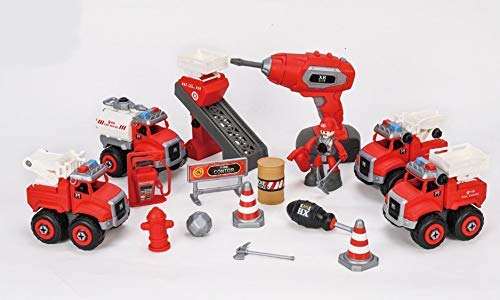 FIRE TRUCKS TOY PLAYSET 4 DIY TAKE APART TOYS CREATION DIY ASSEMBLY TOY DISASSEMBLING FIRE RESCUE TRUCKS SET UNBREAKABLE SCREWDRIVER AND DRILL MACHINE, EDUCATIONAL GIFT FOR KIDS 3-14 YEARS