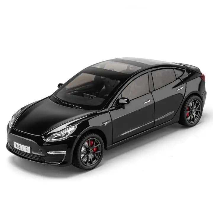 BIG SIZE TESLA MODEL 3 1:24 DIECAST METAL PULLBACK TOY CAR WITH OPENABLE DOORS & LIGHT, MUSIC BOYS CAR FOR KIDS BEST TOYS GIFTS TOYS FOR KIDS [SIZE:-20.7CM*9.2CM*7.5CM]【 MULTICOLOR 】