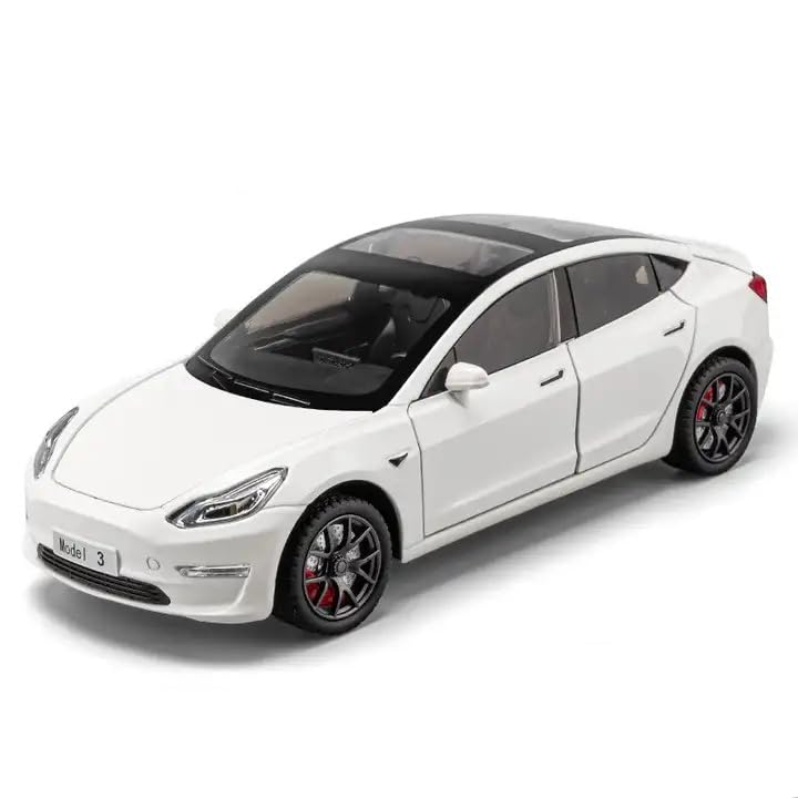 BIG SIZE TESLA MODEL 3 1:24 DIECAST METAL PULLBACK TOY CAR WITH OPENABLE DOORS & LIGHT, MUSIC BOYS CAR FOR KIDS BEST TOYS GIFTS TOYS FOR KIDS [SIZE:-20.7CM*9.2CM*7.5CM]【 MULTICOLOR 】