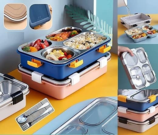 4 Compartment Lunch Box Stainless Steel Tiffin Box Microwave Safe
