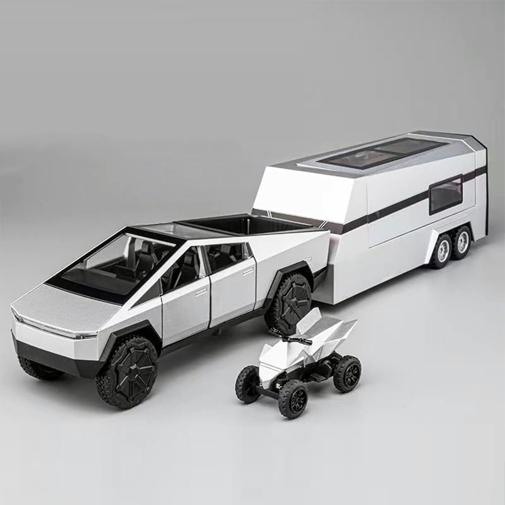 TESLA CYBER TRUCK PICK-UP TRAILER CAMPER 1:32 DIECAST METAL PULLBACK TOY CAR WITH OPENABLE DOORS & LIGHT, MUSIC BOYS CAR FOR KIDS BEST TOYS GIFTS TOYS FOR KIDS【 MULTICOLOR 】