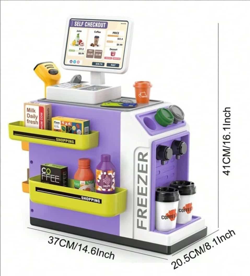 Cash Register Playset for Kids with Sound Light, Mini Supermarket Cashier, Pretend Play Store Money, Calculator, Scanner, Credit Card and Play Foods, Gift for Boys and Girls Ages 3+