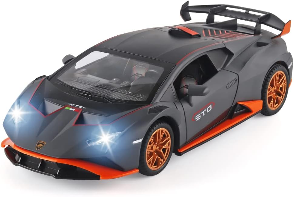 BIG SIZE LAMBORGHINI HURRICANE STO SPORTS 1:24 DIECAST METAL PULLBACK TOY CAR WITH OPENABLE DOORS & LIGHT, MUSIC BOYS CAR FOR KIDS BEST TOYS GIFTS TOYS FOR KIDS [SIZE:-21CM*9CM*5.3CM]【 MULTICOLOR 】