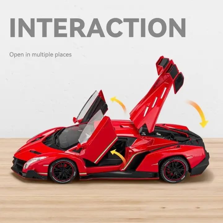 BIG SIZE LAMBORGHINI VENENO 1:24 DIECAST METAL PULLBACK TOY CAR WITH OPENABLE DOORS & LIGHT, MUSIC BOYS CAR FOR KIDS BEST TOYS GIFTS TOYS FOR KIDS [SIZE:-21CM*12CM*8.7CM]【 MULTICOLOR 】