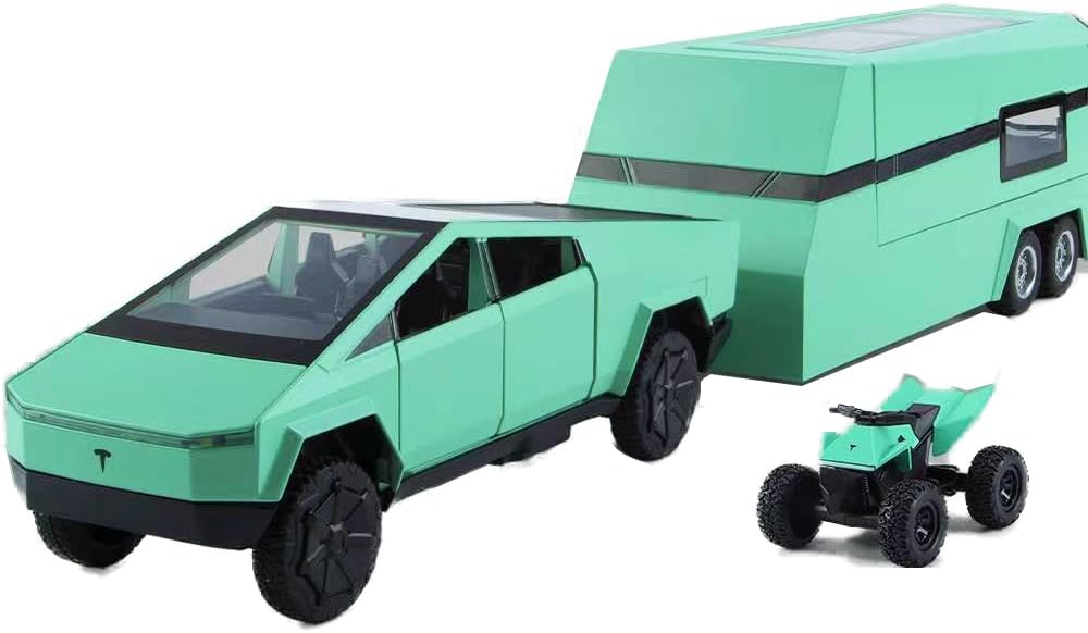 TESLA CYBER TRUCK PICK-UP TRAILER CAMPER 1:32 DIECAST METAL PULLBACK TOY CAR WITH OPENABLE DOORS & LIGHT, MUSIC BOYS CAR FOR KIDS BEST TOYS GIFTS TOYS FOR KIDS【 MULTICOLOR 】