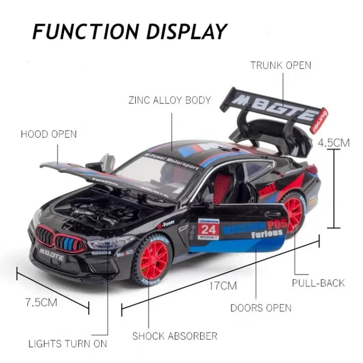 BMW M8 GTE SPORTS 1:32 DIECAST METAL PULLBACK TOY CAR WITH OPENABLE DOORS & LIGHT, MUSIC BOYS CAR FOR KIDS BEST TOYS GIFTS TOYS FOR KIDS [SIZE:-17CM*7.4CM*4.5CM]【 MULTICOLOR 】