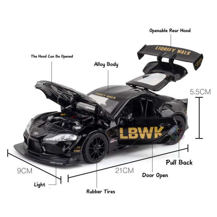 TOYOTA SUPRA GR LBWK 1:24 DIECAST METAL PULLBACK TOY CAR WITH OPENABLE DOORS & LIGHT, MUSIC BOYS CAR FOR KIDS BEST TOYS GIFTS TOYS FOR KIDS [SIZE:-22CM*9CM*7CM]【 MULTICOLOR 】