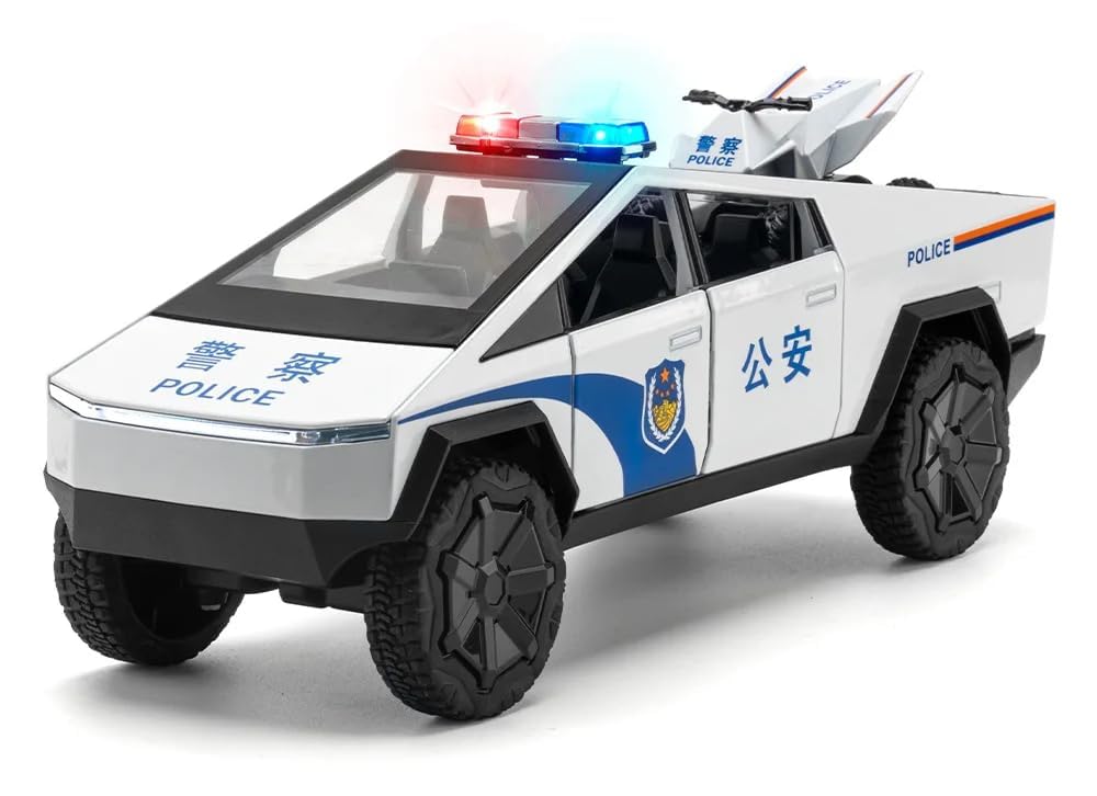 Tesla Cyber Police Truck Exclusive Alloy Metal Pull Back Die-cast Car 1:24 Scale Model with Sound Light Mini Auto Toy for Kids Metal Model Toy Car with Sound and Light 【 MULTICOLOR 】