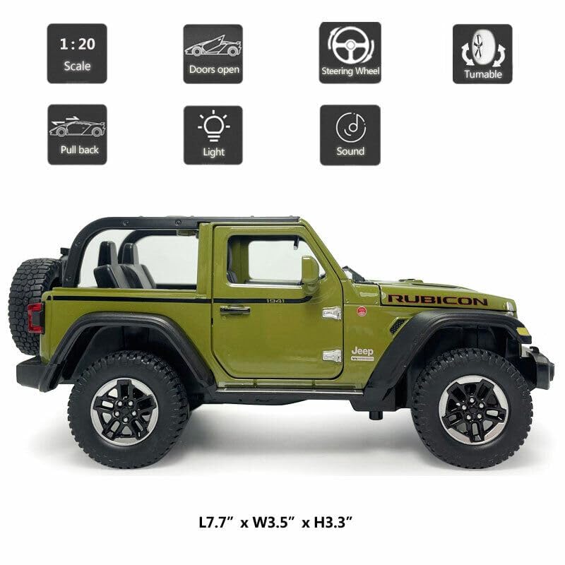 Big Size 1:24 Diecast Model Alloy Jeep Wrangler Rubicon 1941 Metal Pull Back with 6 Openable Doors & Sound Light Auto Toy car [20.5Cm *10.8Cm *10.5 Cm]