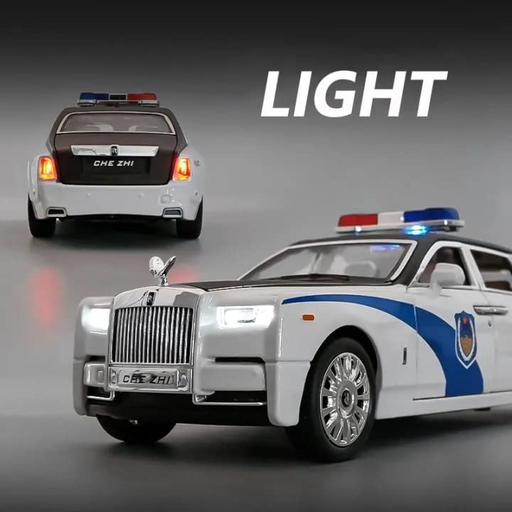 Big Size Rolls-Royce Phantom Police 1/24 Scale Wheels Diecast Metal Model Pull Back Alloy Toys With Light And Sound Collection (White, Black)[Size: 21Cm * 7.5Cm * 6.5Cm]