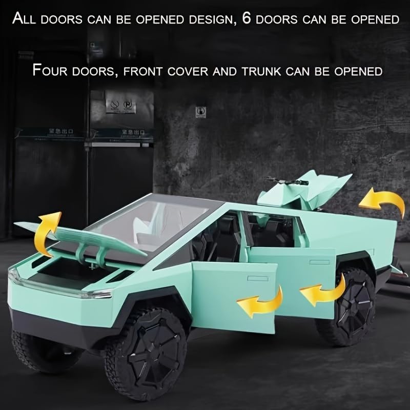 TESLA CYBER TRUCK PICK-UP TRAILER CAMPER 1:32 DIECAST METAL PULLBACK TOY CAR WITH OPENABLE DOORS & LIGHT, MUSIC BOYS CAR FOR KIDS BEST TOYS GIFTS TOYS FOR KIDS【 MULTICOLOR 】