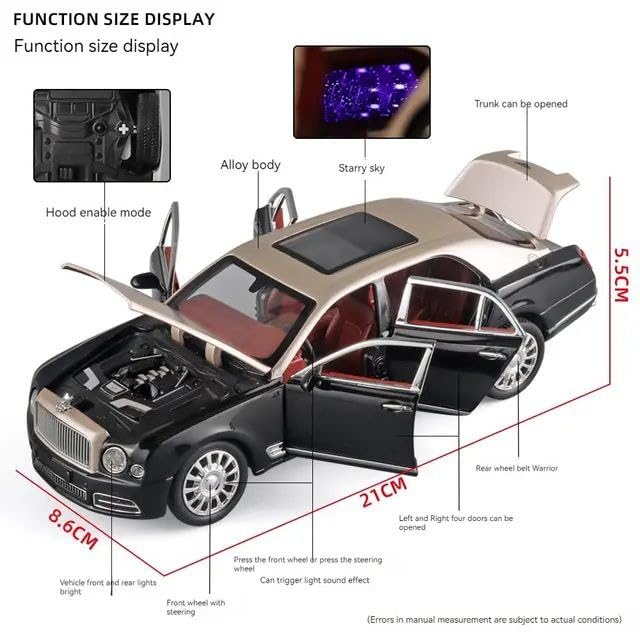 BIG SIZE BENTLEY MULSANNE 1:24 DIECAST METAL PULLBACK TOY CAR WITH OPENABLE DOORS & LIGHT, MUSIC BOYS CAR FOR KIDS BEST TOYS GIFTS TOYS FOR KIDS [SIZE:-21.8CM*6CM*5.5CM]【 MULTICOLOR 】