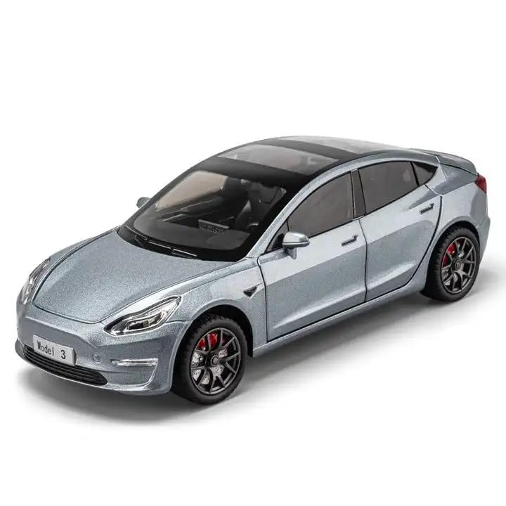 BIG SIZE TESLA MODEL 3 1:24 DIECAST METAL PULLBACK TOY CAR WITH OPENABLE DOORS & LIGHT, MUSIC BOYS CAR FOR KIDS BEST TOYS GIFTS TOYS FOR KIDS [SIZE:-20.7CM*9.2CM*7.5CM]【 MULTICOLOR 】