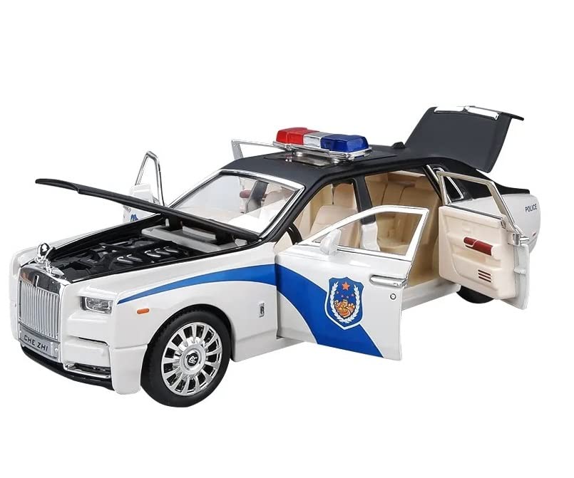 Big Size Rolls-Royce Phantom Police 1/24 Scale Wheels Diecast Metal Model Pull Back Alloy Toys With Light And Sound Collection (White, Black)[Size: 21Cm * 7.5Cm * 6.5Cm]