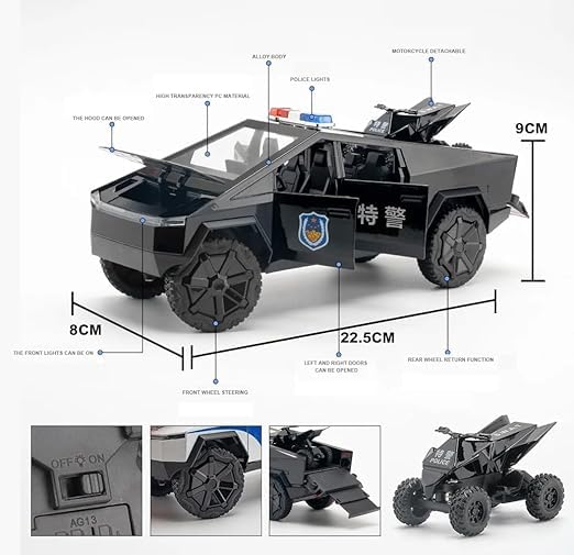 Tesla Cyber Police Truck Exclusive Alloy Metal Pull Back Die-cast Car 1:24 Scale Model with Sound Light Mini Auto Toy for Kids Metal Model Toy Car with Sound and Light 【 MULTICOLOR 】