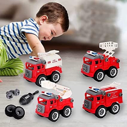 FIRE TRUCKS TOY PLAYSET 4 DIY TAKE APART TOYS CREATION DIY ASSEMBLY TOY DISASSEMBLING FIRE RESCUE TRUCKS SET UNBREAKABLE SCREWDRIVER AND DRILL MACHINE, EDUCATIONAL GIFT FOR KIDS 3-14 YEARS