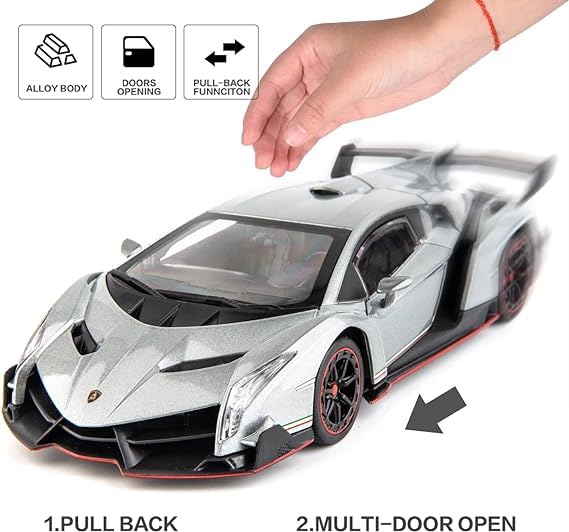 BIG SIZE LAMBORGHINI VENENO 1:24 DIECAST METAL PULLBACK TOY CAR WITH OPENABLE DOORS & LIGHT, MUSIC BOYS CAR FOR KIDS BEST TOYS GIFTS TOYS FOR KIDS [SIZE:-21CM*12CM*8.7CM]【 MULTICOLOR 】