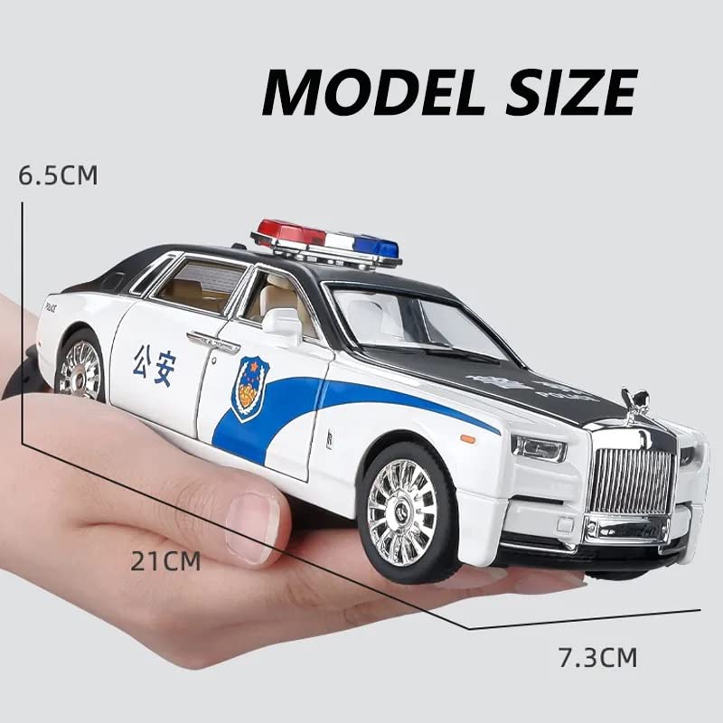 Big Size Rolls-Royce Phantom Police 1/24 Scale Wheels Diecast Metal Model Pull Back Alloy Toys With Light And Sound Collection (White, Black)[Size: 21Cm * 7.5Cm * 6.5Cm]