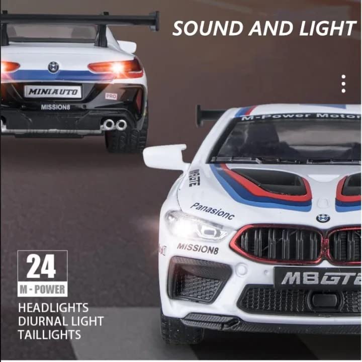 BMW M8 GTE SPORTS 1:32 DIECAST METAL PULLBACK TOY CAR WITH OPENABLE DOORS & LIGHT, MUSIC BOYS CAR FOR KIDS BEST TOYS GIFTS TOYS FOR KIDS [SIZE:-17CM*7.4CM*4.5CM]【 MULTICOLOR 】