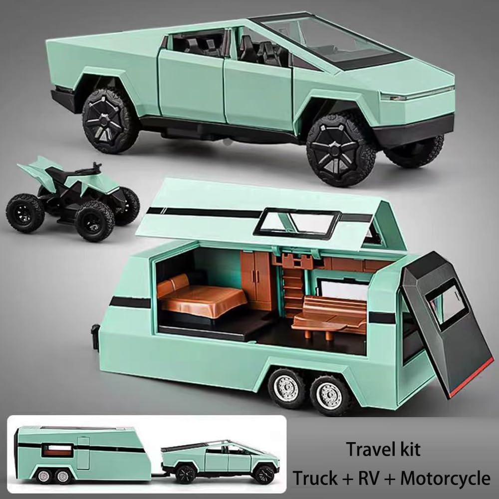 TESLA CYBER TRUCK PICK-UP TRAILER CAMPER 1:32 DIECAST METAL PULLBACK TOY CAR WITH OPENABLE DOORS & LIGHT, MUSIC BOYS CAR FOR KIDS BEST TOYS GIFTS TOYS FOR KIDS【 MULTICOLOR 】