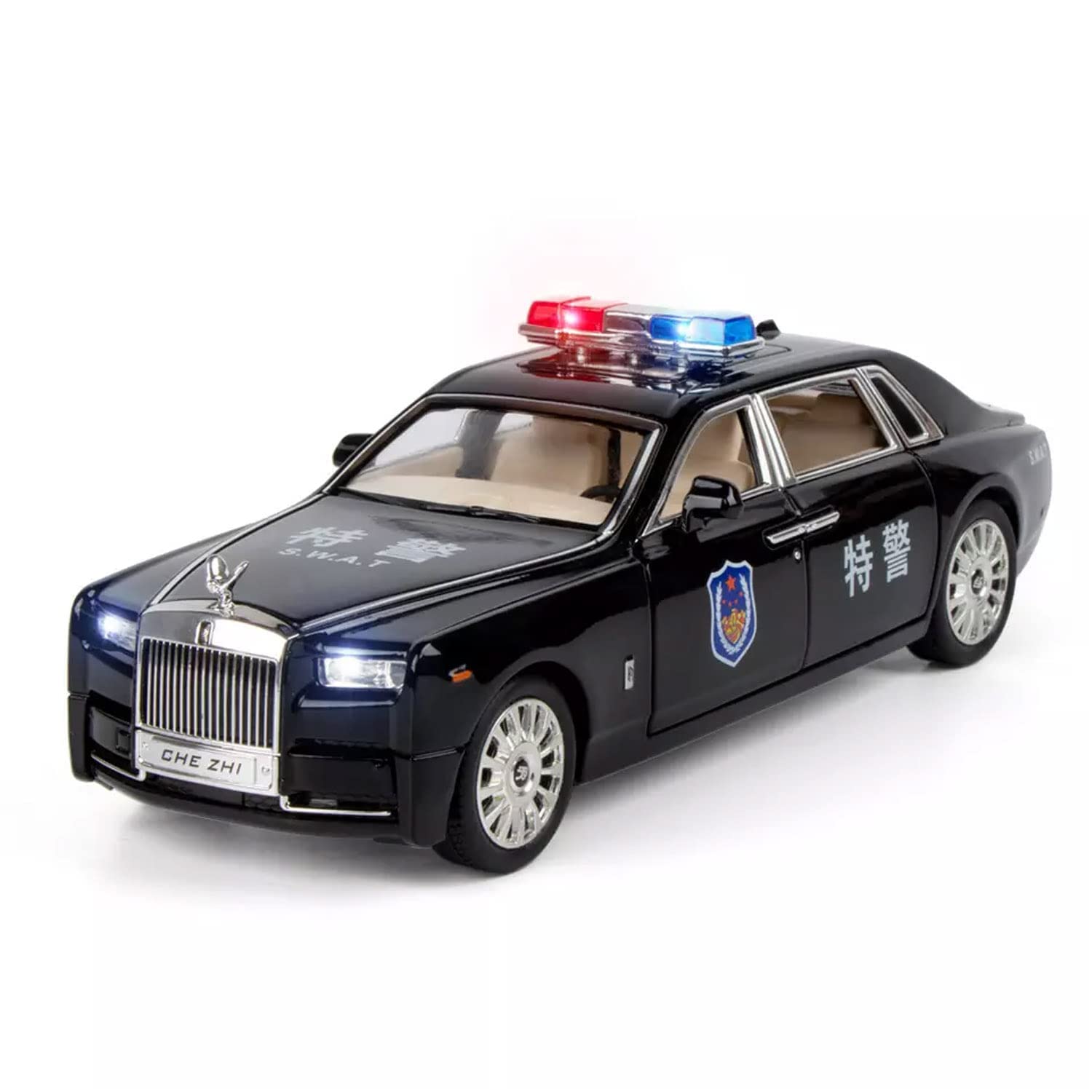 Big Size Rolls-Royce Phantom Police 1/24 Scale Wheels Diecast Metal Model Pull Back Alloy Toys With Light And Sound Collection (White, Black)[Size: 21Cm * 7.5Cm * 6.5Cm]