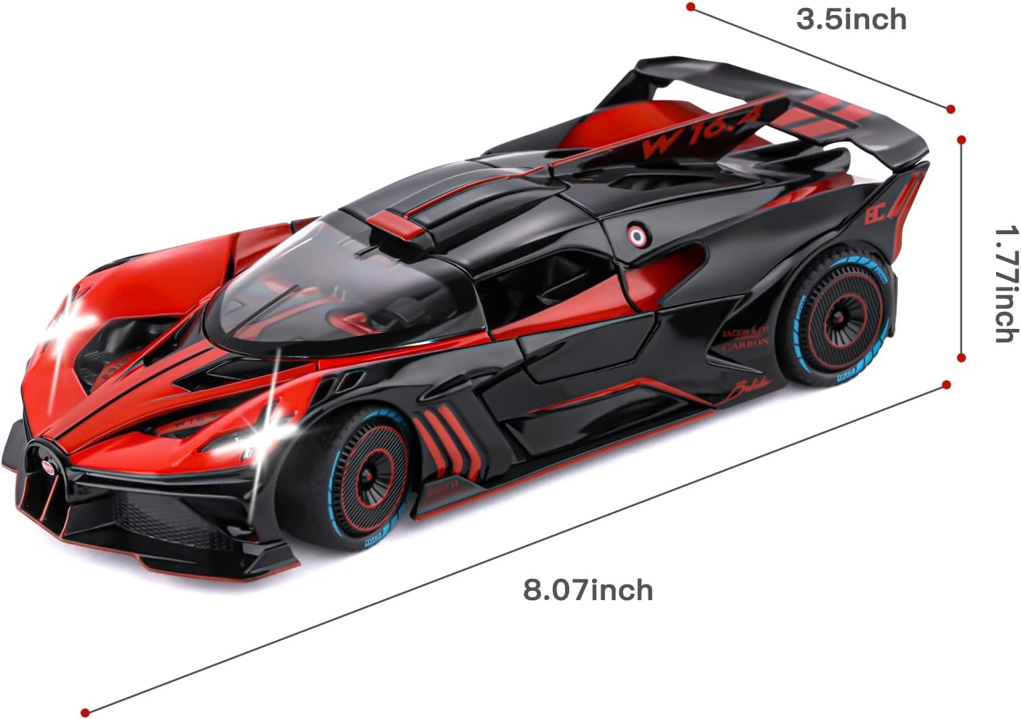 BIG SIZE BUGATTI BOLIDE 1:24 DIECAST METAL PULLBACK TOY CAR WITH OPENABLE DOORS & LIGHT, MUSIC BOYS CAR FOR KIDS BEST TOYS GIFTS TOYS FOR KIDS [SIZE:-21.5CM*9.8CM*5CM]【 MULTICOLOR 】