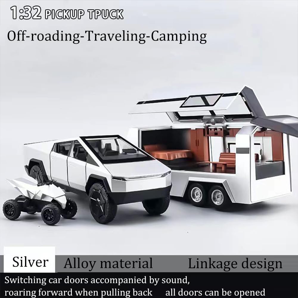 TESLA CYBER TRUCK PICK-UP TRAILER CAMPER 1:32 DIECAST METAL PULLBACK TOY CAR WITH OPENABLE DOORS & LIGHT, MUSIC BOYS CAR FOR KIDS BEST TOYS GIFTS TOYS FOR KIDS【 MULTICOLOR 】