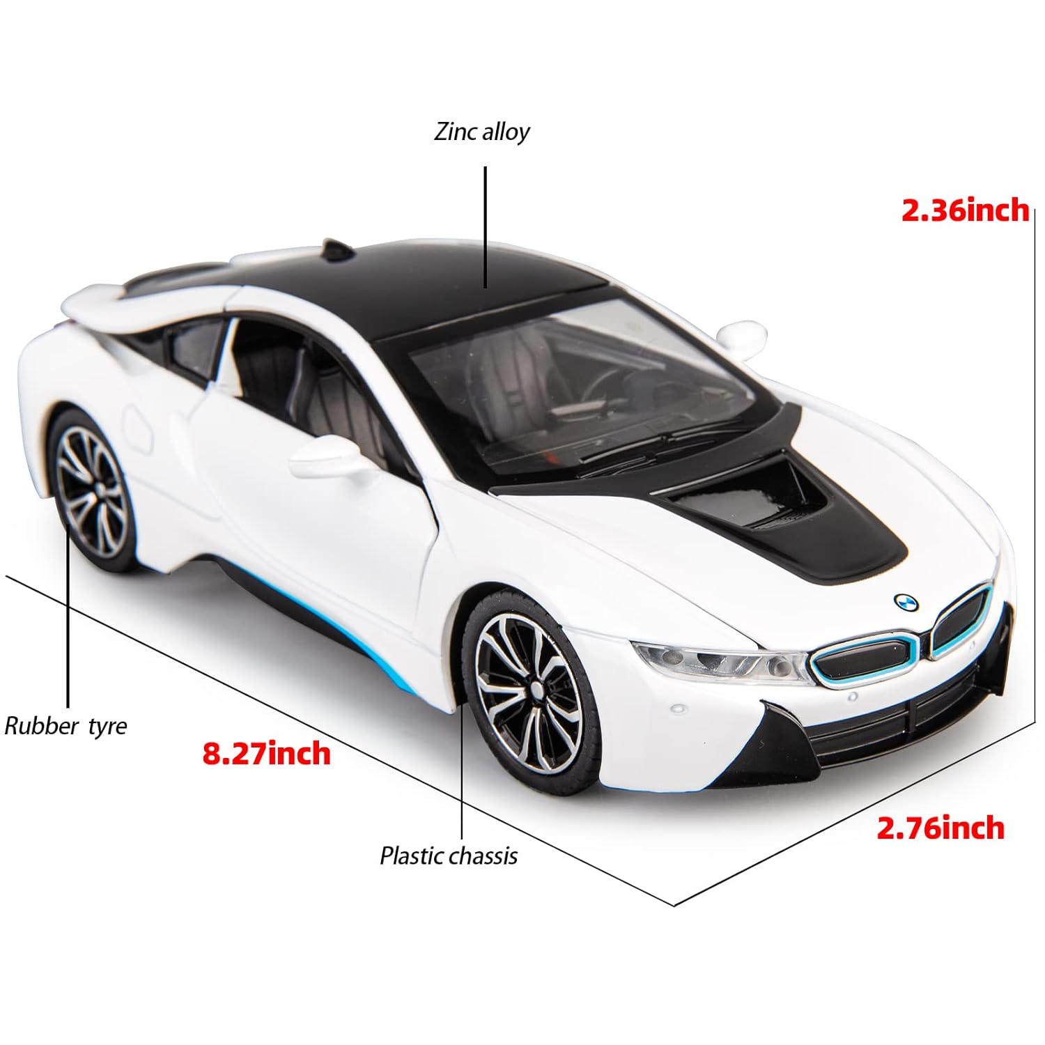 BIG SIZE COMPATIBLE FOR BMW I8 1:24 DIECAST METAL PULLBACK TOY CAR WITH OPENABLE DOORS & LIGHT, MUSIC BOYS CAR FOR KIDS BEST TOYS GIFTS TOYS FOR KIDS [SIZE:-21CM*7CM*6CM]【 MULTICOLOR 】