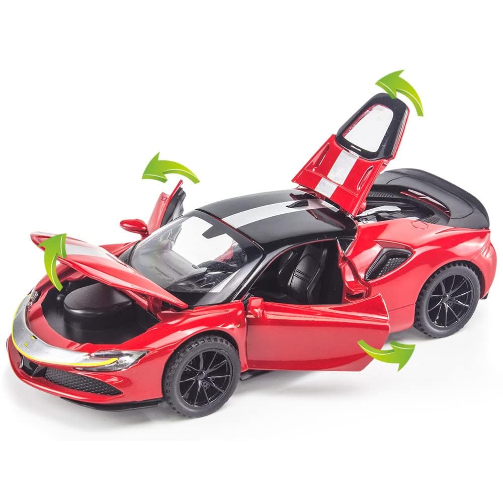 FERRARI SF90 1:32 DIECAST METAL PULLBACK TOY CAR WITH OPENABLE DOORS & LIGHT, MUSIC BOYS CAR FOR KIDS BEST TOYS GIFTS TOYS FOR KIDS [SIZE:-15.2CM*6.5CM*3.5CM]【 MULTICOLOR 】