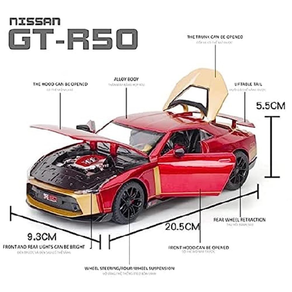 BIG SIZE NISSAN GTR-50 SPORT 1:24 DIECAST METAL PULLBACK TOY CAR WITH OPENABLE DOORS & LIGHT, MUSIC BOYS CAR FOR KIDS BEST TOYS GIFTS TOYS FOR KIDS [SIZE:-20.5CM*9.3CM*5.5CM]【 MULTICOLOR 】