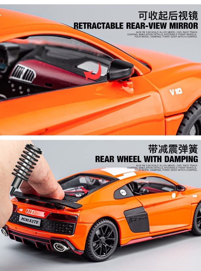 BIG SIZE AUDI R8 V10 1:24 DIECAST METAL PULLBACK TOY CAR WITH OPENABLE DOORS & LIGHT, MUSIC BOYS CAR FOR KIDS BEST TOYS GIFTS TOYS FOR KIDS [SIZE:-20CM*8.6CM*4.5CM]【 MULTICOLOR 】