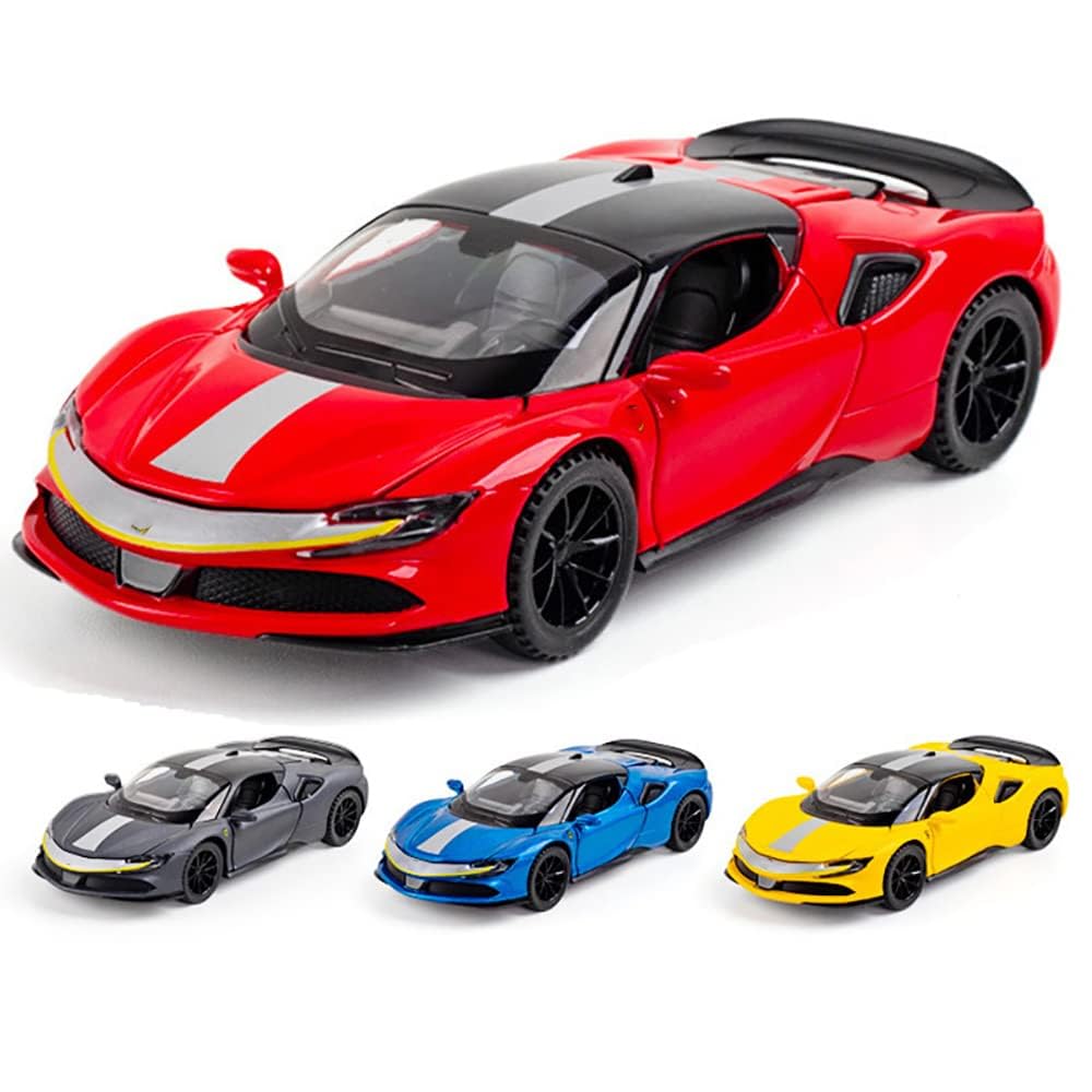 FERRARI SF90 1:32 DIECAST METAL PULLBACK TOY CAR WITH OPENABLE DOORS & LIGHT, MUSIC BOYS CAR FOR KIDS BEST TOYS GIFTS TOYS FOR KIDS [SIZE:-15.2CM*6.5CM*3.5CM]【 MULTICOLOR 】