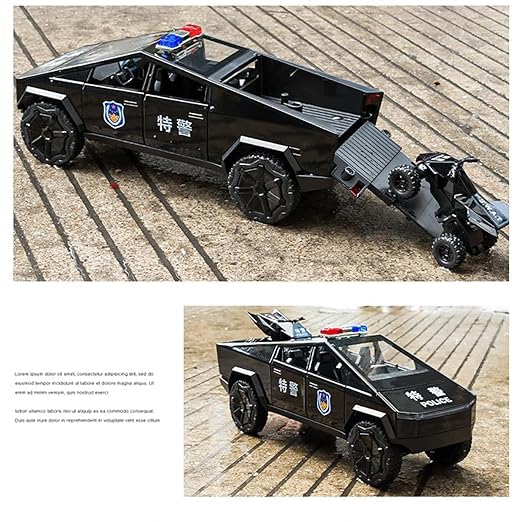 Tesla Cyber Police Truck Exclusive Alloy Metal Pull Back Die-cast Car 1:24 Scale Model with Sound Light Mini Auto Toy for Kids Metal Model Toy Car with Sound and Light 【 MULTICOLOR 】