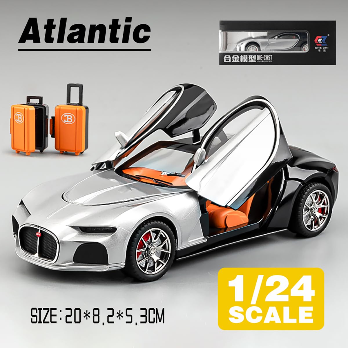 Bugatti Atlantic Big Size 1:24 Diecast Scale Model Metal Pull Back Toy car for Kids with Openable Doors & Light, Music Toy Vehicle for Kids 【 MULTICOLOR 】[SIZE : 20.5CM* 9CM*7.5CM]