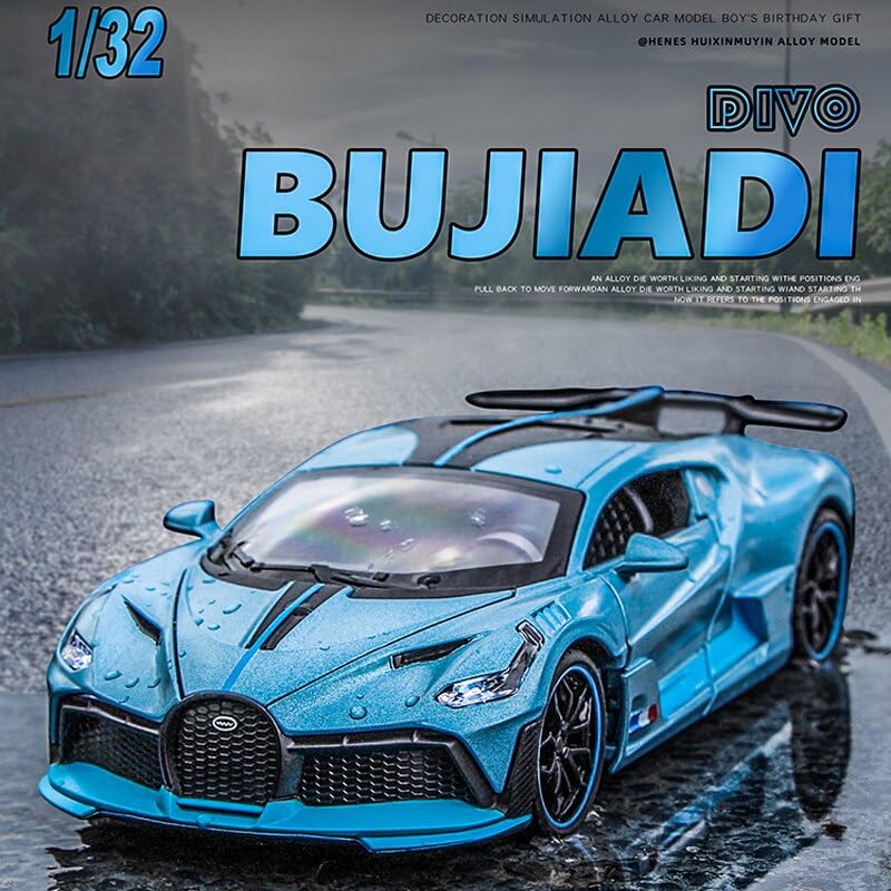 Bugatti 1:32 Diecast Scale Model Metal Pull Back with Openable Doors & Light, Music Toy Vehicle for Kids