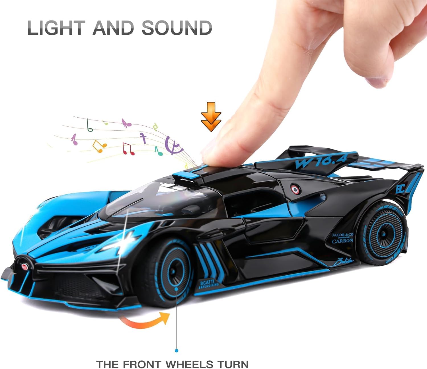 BIG SIZE BUGATTI BOLIDE 1:24 DIECAST METAL PULLBACK TOY CAR WITH OPENABLE DOORS & LIGHT, MUSIC BOYS CAR FOR KIDS BEST TOYS GIFTS TOYS FOR KIDS [SIZE:-21.5CM*9.8CM*5CM]【 MULTICOLOR 】