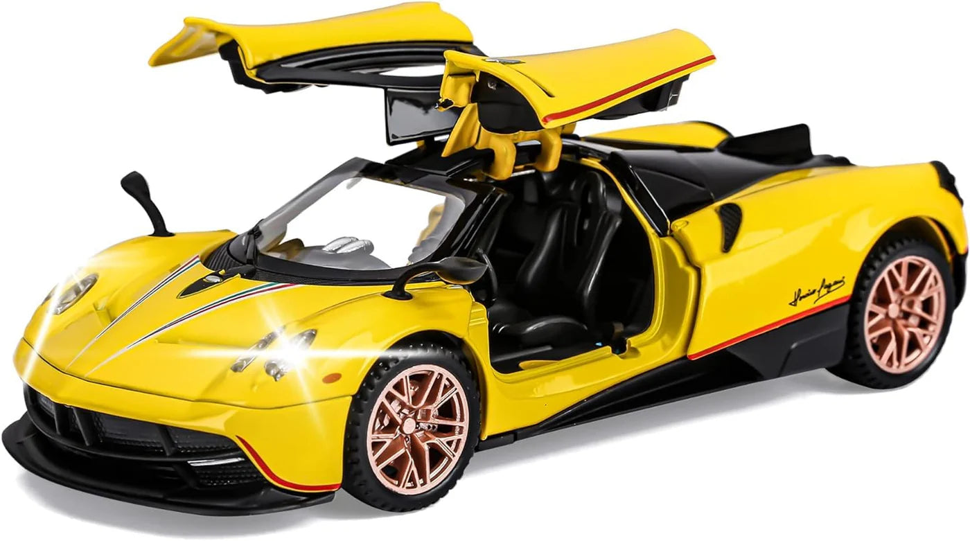 PAGANI HUAYRA 1/32 DIECAST METAL PULL BACK DIECAST CAR WITH OPENABLE DOOR AND SOUND LIGHT, GIFTS TOYS FOR KIDS【 MULTICOLOR 】[SIZE : 15.6CM* 7.7CM*4CM]