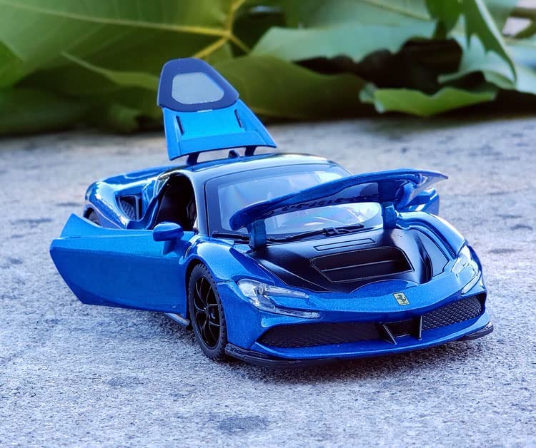 FERRARI SF90 1:32 DIECAST METAL PULLBACK TOY CAR WITH OPENABLE DOORS & LIGHT, MUSIC BOYS CAR FOR KIDS BEST TOYS GIFTS TOYS FOR KIDS [SIZE:-15.2CM*6.5CM*3.5CM]【 MULTICOLOR 】